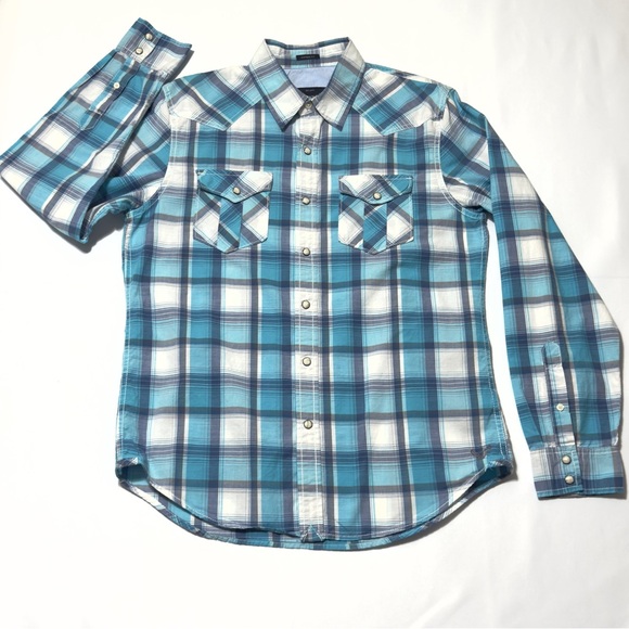 American Eagle Outfitters Blue White Plaid Pearl Snap Western M Shirt Excellent - Picture 1 of 12